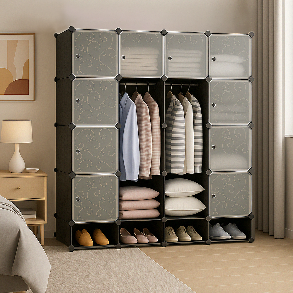 Armoire modulaire pliable 165x147 cm – Armoire avec étagères et compartiment à chaussures, idéale pour la chambre à coucher ou les voyages