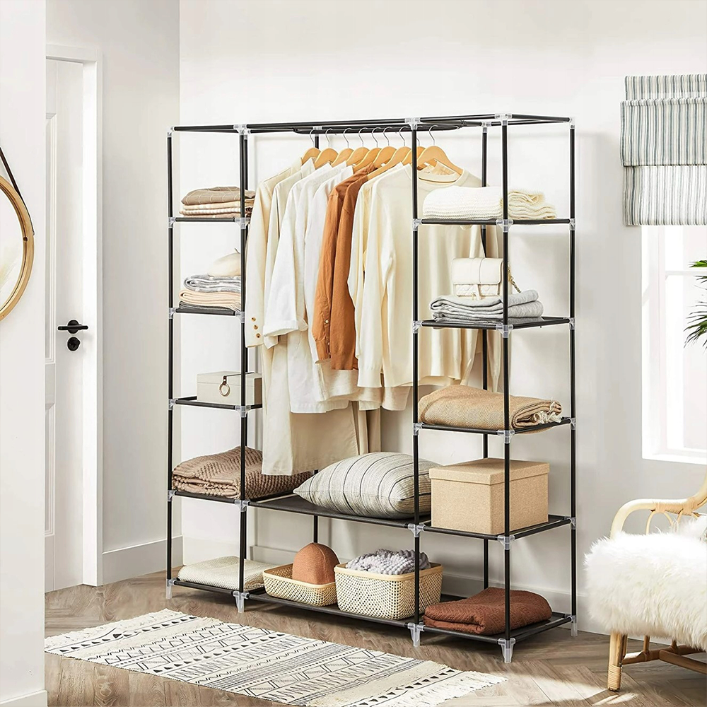 Armoire en tissu modulaire 170x45x175 cm avec 14 étagères et 2 tringles – grande armoire-penderie avec structure en métal.