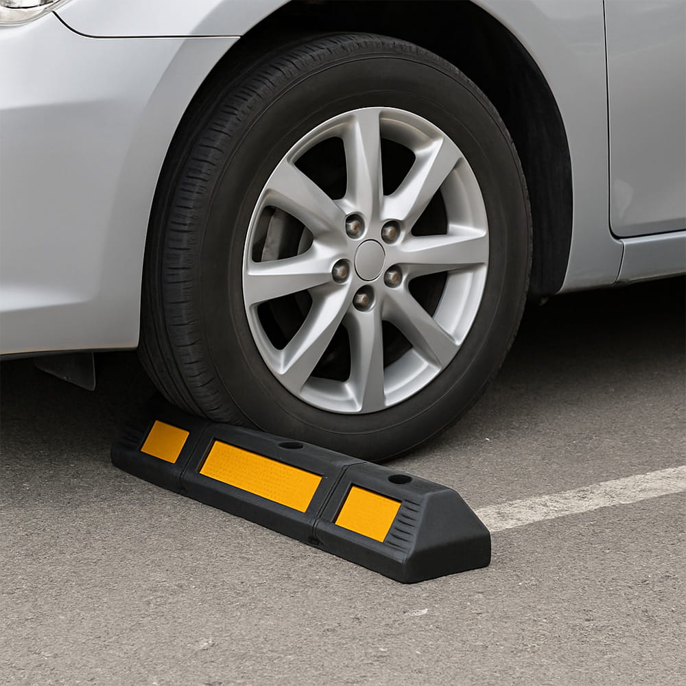 Butée de stationnement en caoutchouc – 59 cm, avec bande réfléchissante, 1 pièce pour l'arrêt des roues de voiture.