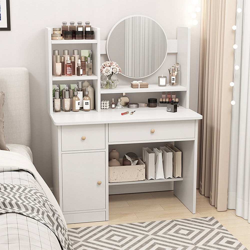 Coiffeuse blanche avec miroir, 80 x 34 x 125 cm – meuble élégant et compact pour le maquillage et le rangement.