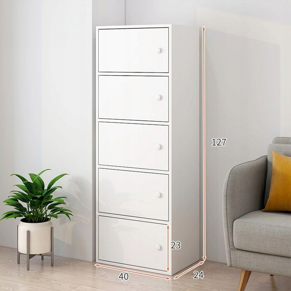 Commode blanche moderne – 127 x 24 x 40 cm, style scandinave, avec 5 compartiments de rangement, idéale pour le stockage et la décoration.