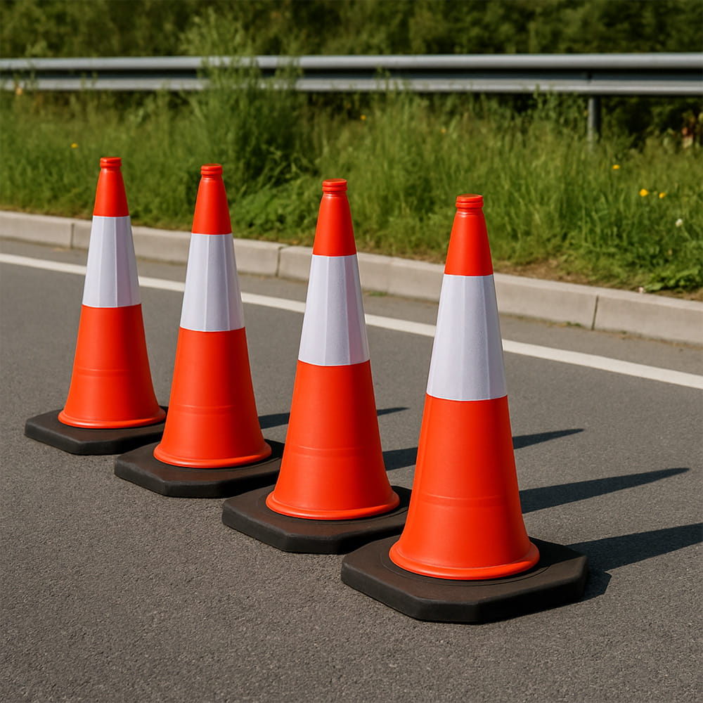 Lot de 5 cônes de signalisation avec bandes réfléchissantes – 75 cm, conception résistante aux intempéries.