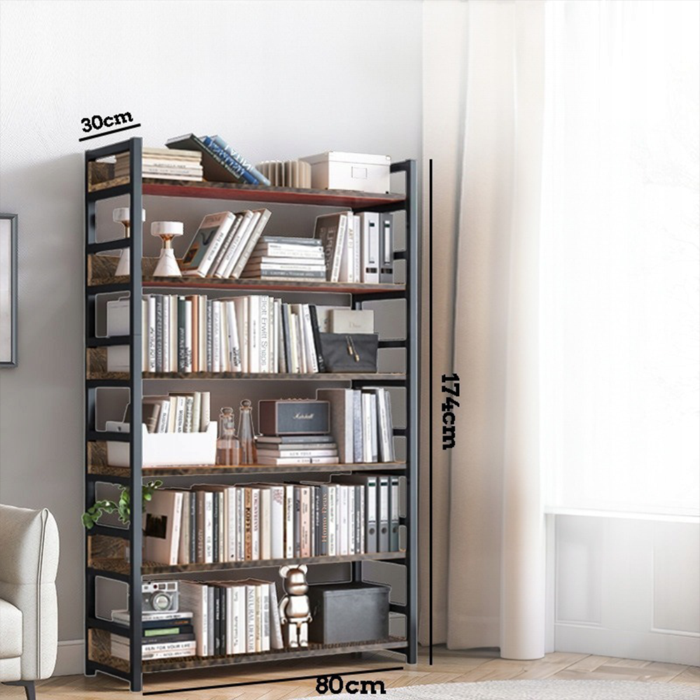 Bibliothèque rustique de style industriel en métal et bois – 174×80×30 cm, avec 6 étagères.