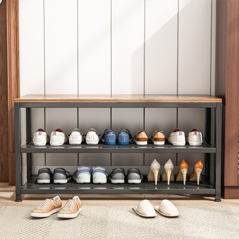 Meuble à chaussures avec assise 73x45x30 cm – style industriel loft, métal et MDF, brun rustique