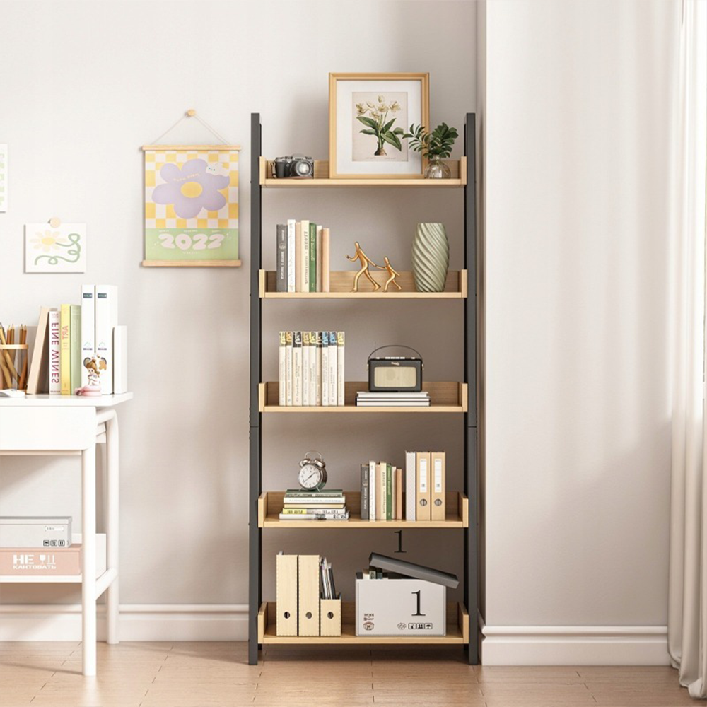 Étagère en escalier 158 x 63 x 30 cm – Style loft en chêne clair et noir avec 5 étagères