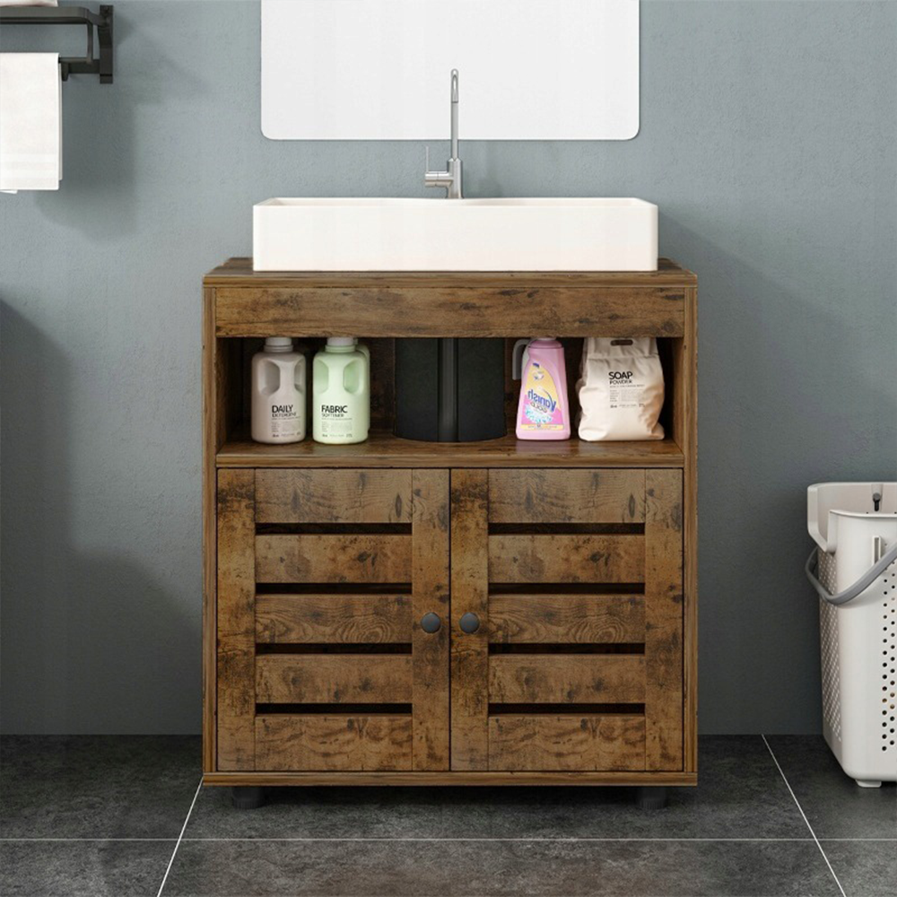 Meuble sous-lavabo – 60 cm, brun rustique, avec étagères et portes
