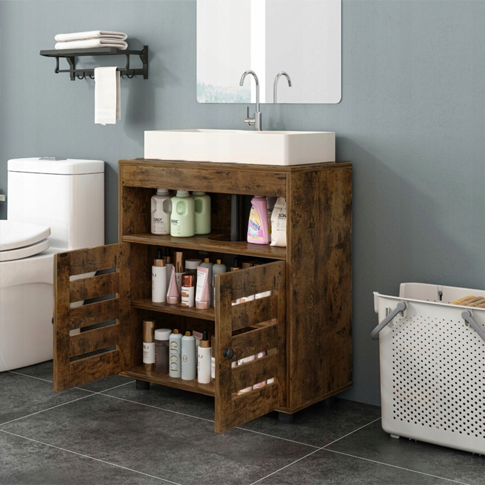 Meuble sous-lavabo – 60 cm, brun rustique, avec étagères et portes