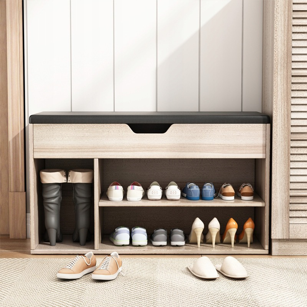 Banc d’entrée avec espace de rangement, chêne clair, 80x30x44 cm – Assise rembourrée, structure en MDF