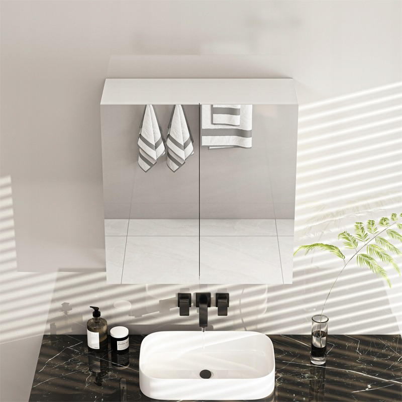 Armoire de salle de bains murale avec miroir – 60x60x22 cm, à 2 portes, blanche, design moderne