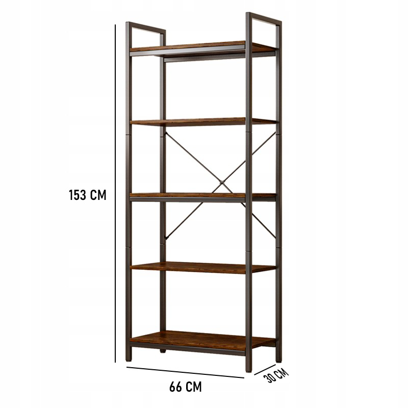 Bibliothèque industrielle style loft – 66 × 30 × 153 cm, MDF aspect rustique et structure en métal.