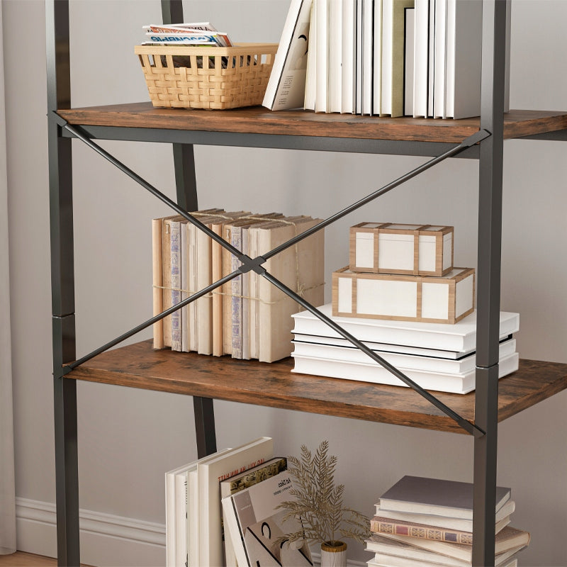 Bibliothèque rustique avec 5 étagères – 56×34×172 cm, structure en métal noir et panneaux en MDF aspect bois foncé.