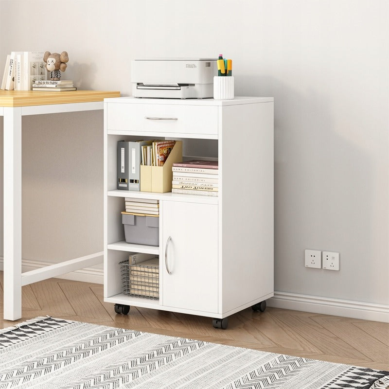 Armoire de bureau blanche à roulettes avec étagères et tiroir – 50 x 40 x 75 cm – meuble bas pratique pour imprimante