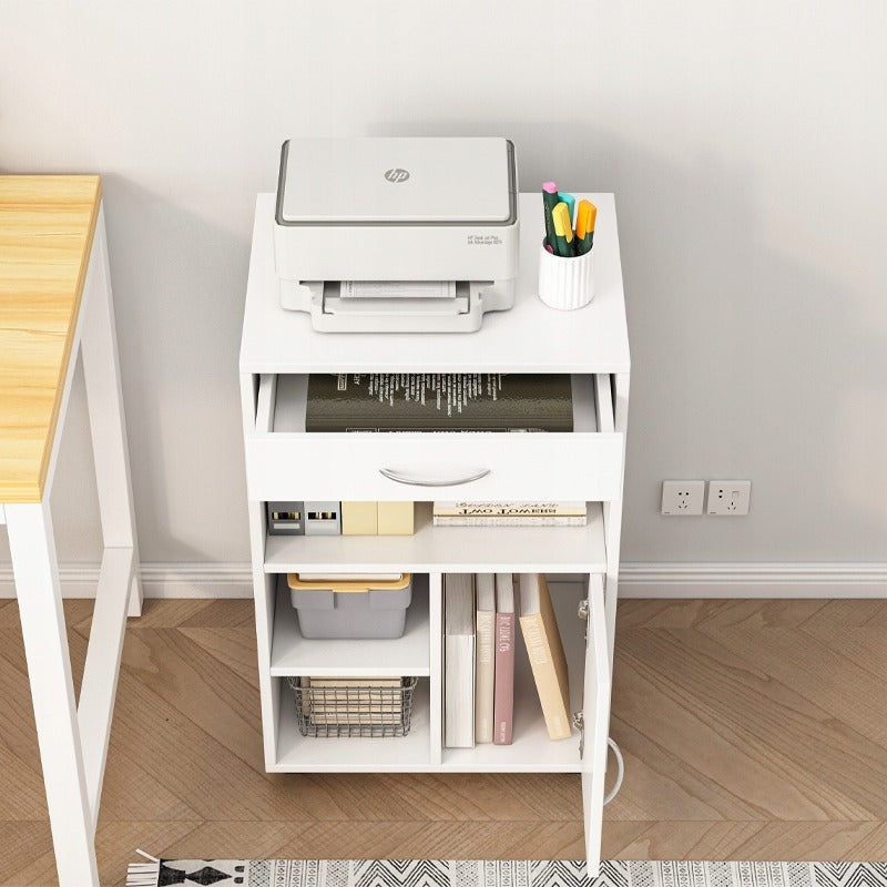 Armoire de bureau blanche à roulettes avec étagères et tiroir – 50 x 40 x 75 cm – meuble bas pratique pour imprimante