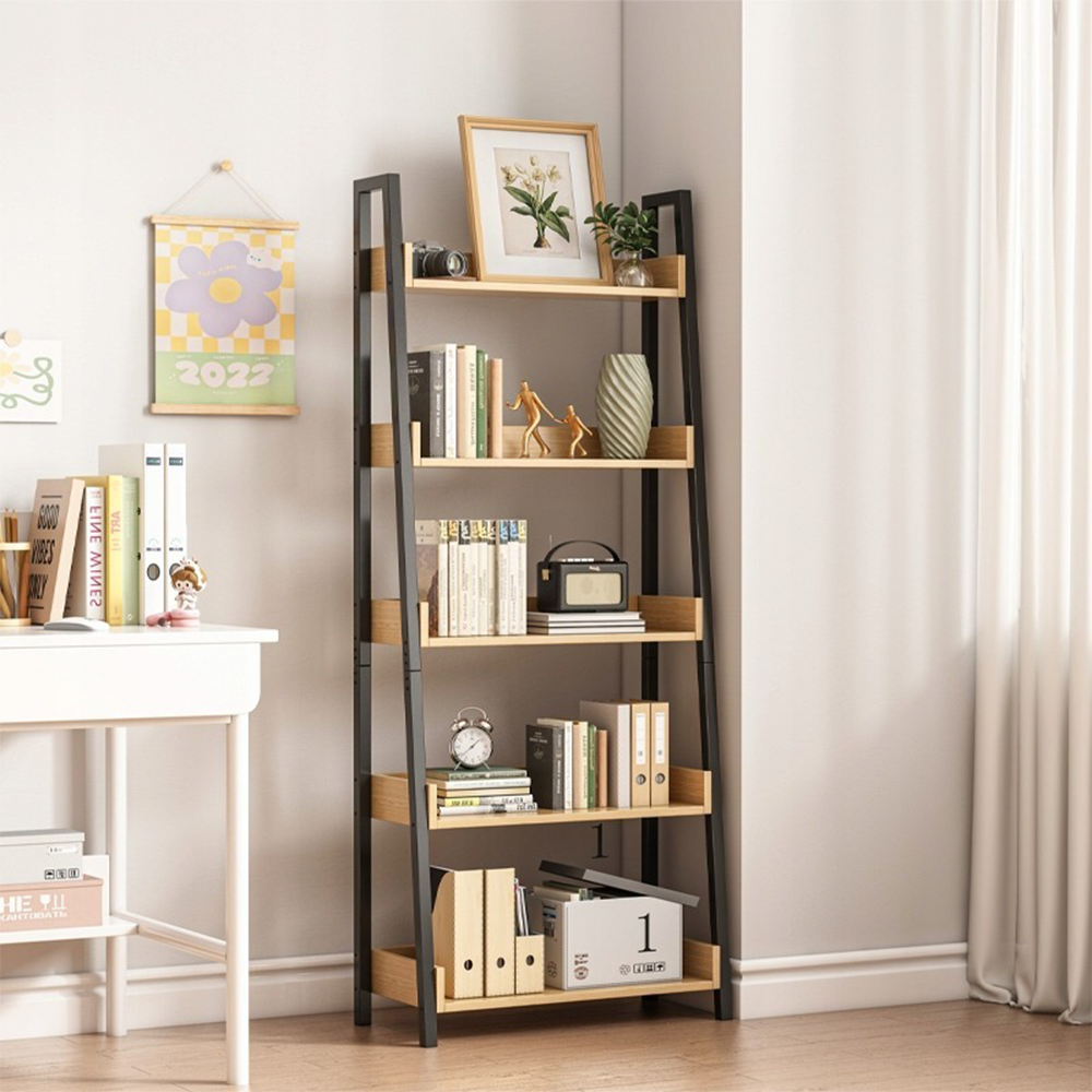 Étagère en escalier 158 x 63 x 30 cm – Style loft en chêne clair et noir avec 5 étagères