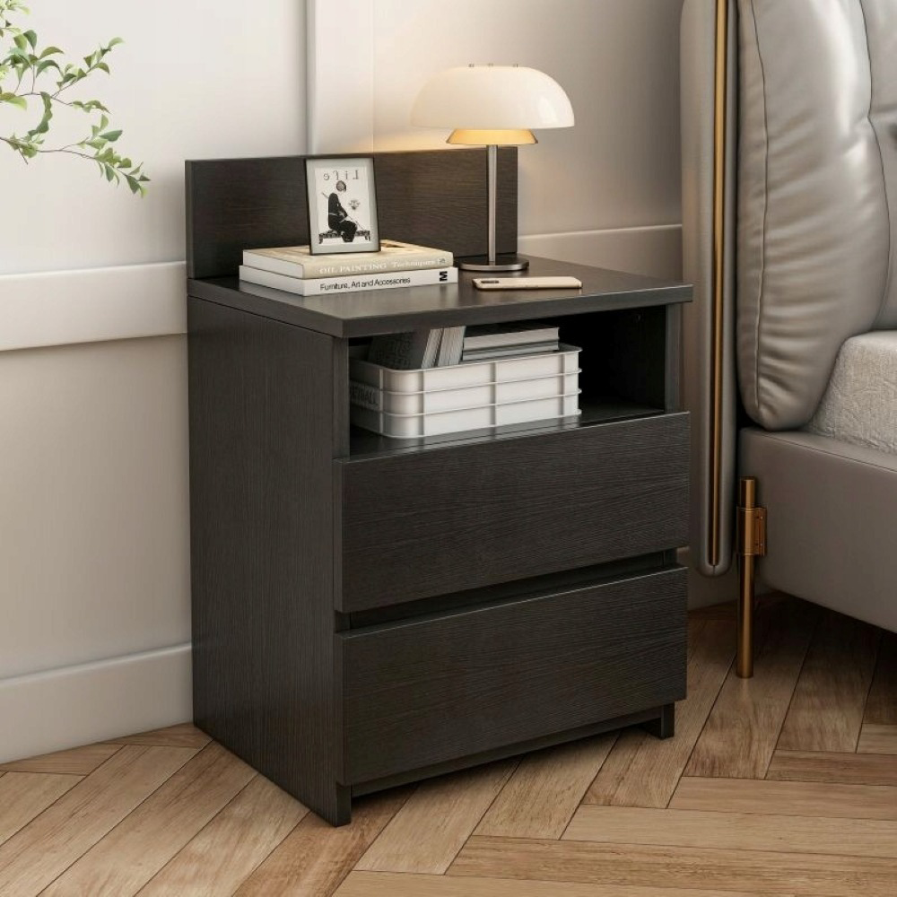 Table de chevet noire avec 2 tiroirs, 40 cm – style loft moderne, MDF