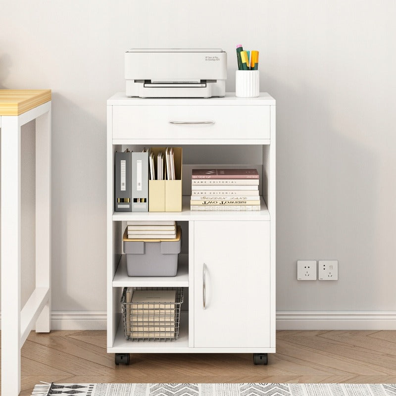 Armoire de bureau blanche à roulettes avec étagères et tiroir – 50 x 40 x 75 cm – meuble bas pratique pour imprimante