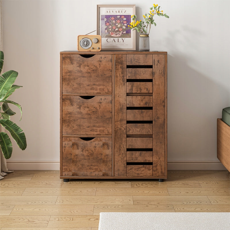 Commode rustique avec 4 tiroirs et espace de rangement derrière une porte à lamelles – 80 x 40 x 100 cm