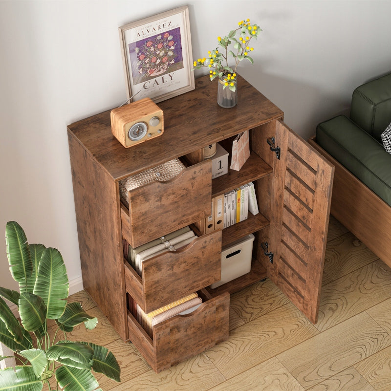 Commode rustique avec 4 tiroirs et espace de rangement derrière une porte à lamelles – 80 x 40 x 100 cm
