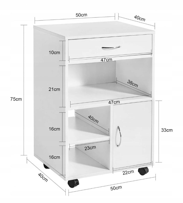 Armoire de bureau blanche à roulettes avec étagères et tiroir – 50 x 40 x 75 cm – meuble bas pratique pour imprimante