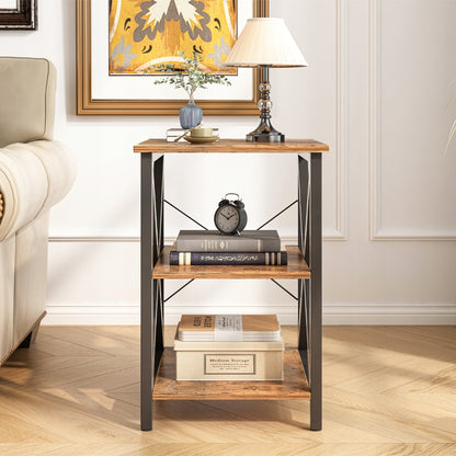Table basse industrielle avec étagères – 40×40×60 cm, plateau en MDF aspect bois recyclé et pieds en métal.