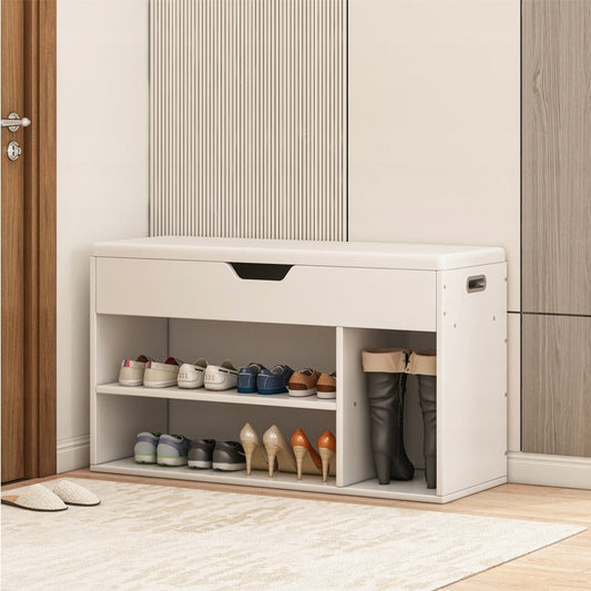 Meuble à chaussures avec assise blanche – Rangement en bois – 80 cm