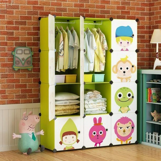 Armoire modulable pliante pour enfants – 146 × 110 × 36 cm, avec motifs colorés et structure en métal.