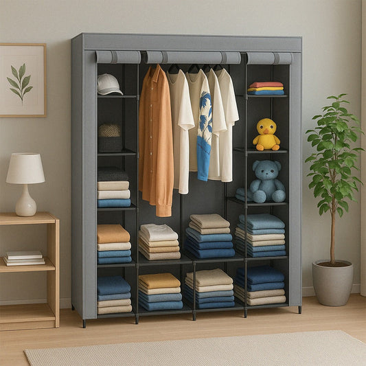 Armoire en tissu modulaire 170x45x175 cm avec 14 étagères et 2 tringles – grande armoire-penderie avec structure en métal.