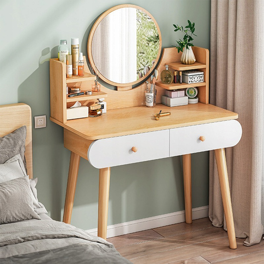 Coiffeuse avec miroir rond, 80 x 40 x 120 cm – style classique et fonctionnalité moderne.