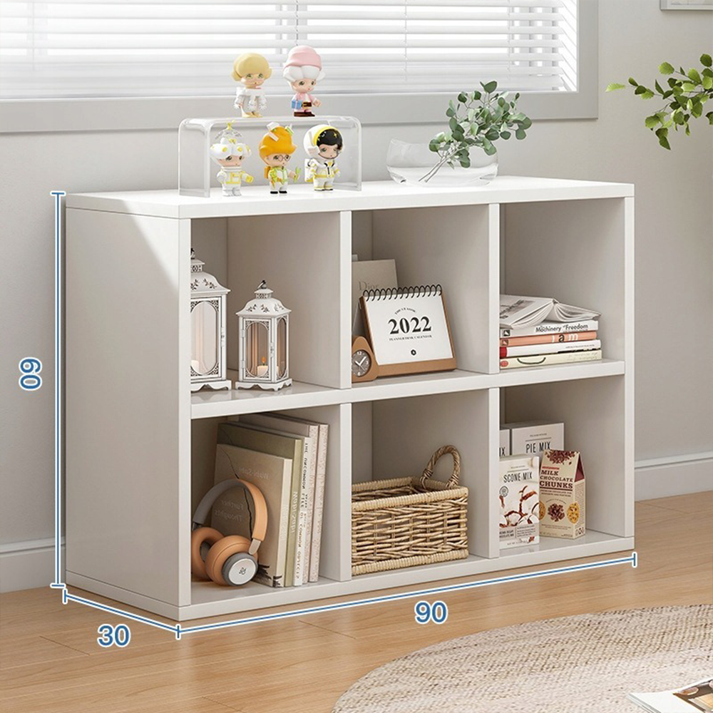 Étagère blanche avec 6 compartiments – 90×30×60 cm, design moderne.