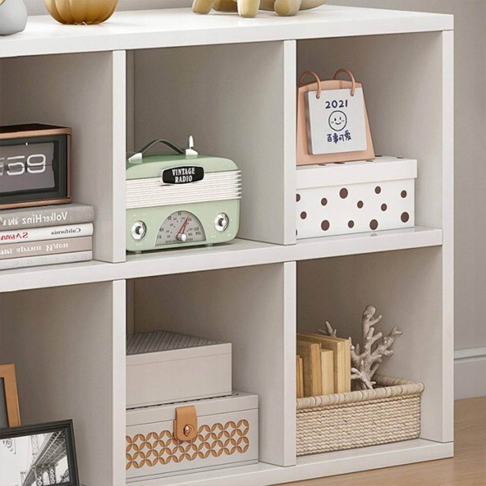Étagère blanche avec 6 compartiments – 90×30×60 cm, design moderne.