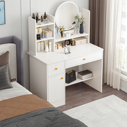 Coiffeuse blanche avec miroir, 80 x 34 x 125 cm – meuble élégant et compact pour le maquillage et le rangement.