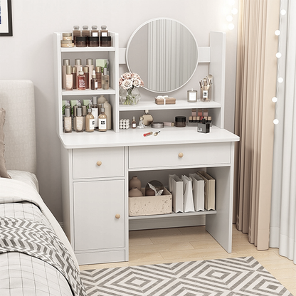 Coiffeuse blanche avec miroir, 80 x 34 x 125 cm – meuble élégant et compact pour le maquillage et le rangement.