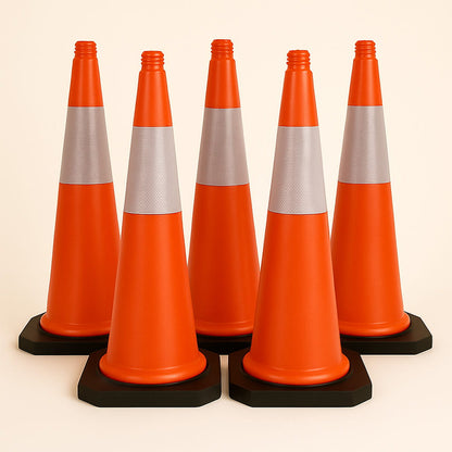 Lot de 5 cônes de signalisation avec bandes réfléchissantes – 75 cm, conception résistante aux intempéries.