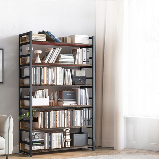 Bibliothèque rustique de style industriel en métal et bois – 174×80×30 cm, avec 6 étagères.