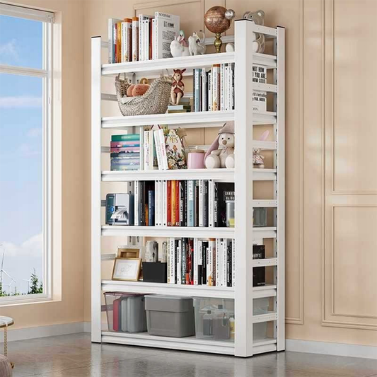 Étagère à livres moderne blanche en métal et MDF – 174×80×30 cm, avec 6 étagères.