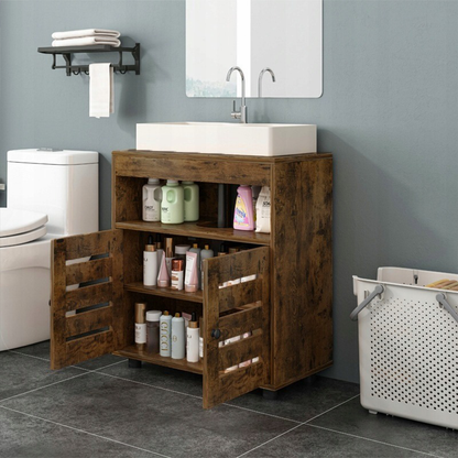 Meuble sous-lavabo – 60 cm, brun rustique, avec étagères et portes