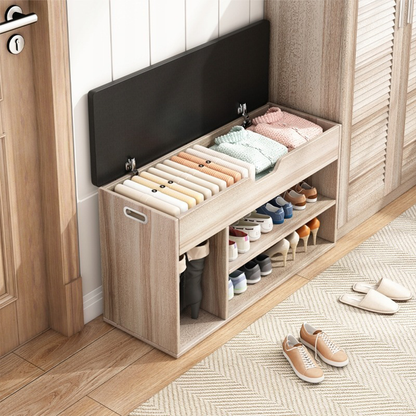 Banc d’entrée avec espace de rangement, chêne clair, 80x30x44 cm – Assise rembourrée, structure en MDF