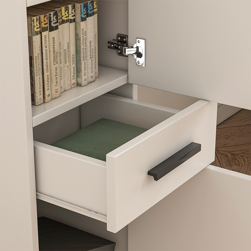Étagère de bureau blanche style loft avec 2 tablettes et un tiroir – 85x30x30 cm