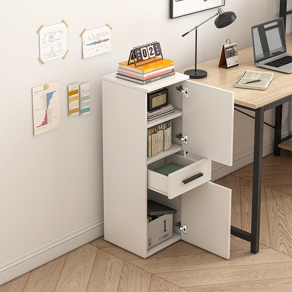 Étagère de bureau blanche style loft avec 2 tablettes et un tiroir – 85x30x30 cm