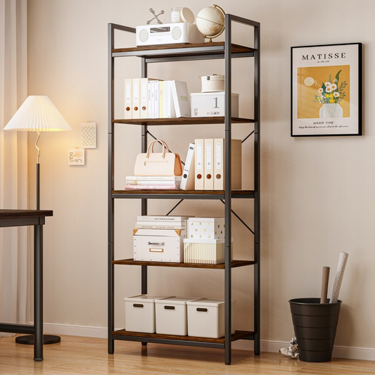Bibliothèque industrielle style loft – 66 × 30 × 153 cm, MDF aspect rustique et structure en métal.