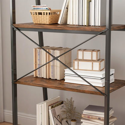 Bibliothèque rustique avec 5 étagères – 56×34×172 cm, structure en métal noir et panneaux en MDF aspect bois foncé.