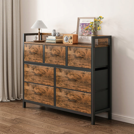 Commode brun rustique avec 7 tiroirs – 98 × 85 × 28,5 cm, style loft industriel