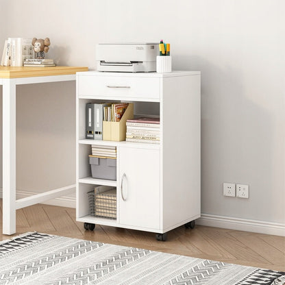 Armoire de bureau blanche à roulettes avec étagères et tiroir – 50 x 40 x 75 cm – meuble bas pratique pour imprimante