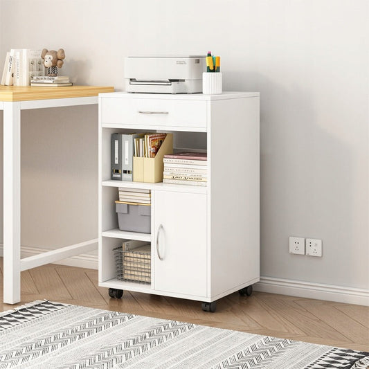 Armoire de bureau blanche à roulettes avec étagères et tiroir – 50 x 40 x 75 cm – meuble bas pratique pour imprimante