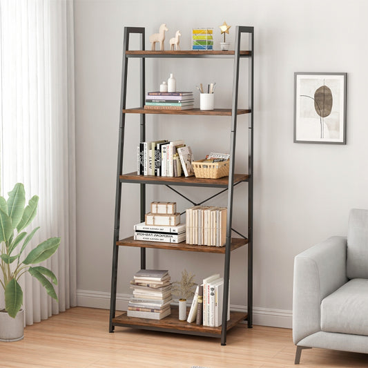 Bibliothèque rustique avec 5 étagères – 56×34×172 cm, structure en métal noir et panneaux en MDF aspect bois foncé.