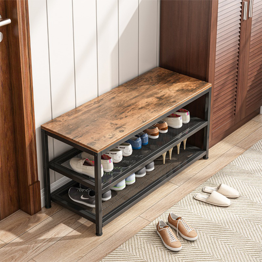 Meuble à chaussures avec assise 73x45x30 cm – style industriel loft, métal et MDF, brun rustique