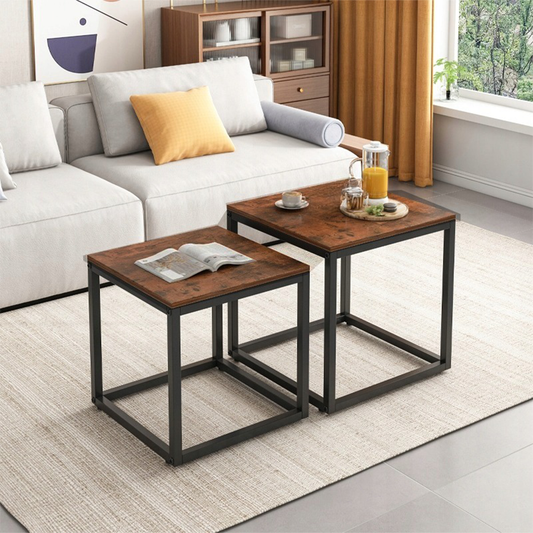 Ensemble de 2 tables basses de style loft rustique – 50x50 cm & 45x45 cm – Design industriel moderne