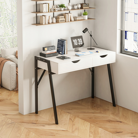 Bureau moderne blanc mat avec tiroirs et pieds en métal noir – 80x40x90 cm