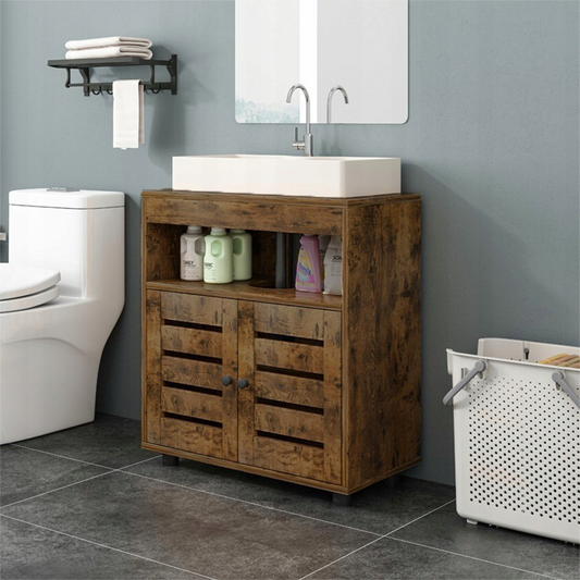 Meuble sous-lavabo – 60 cm, brun rustique, avec étagères et portes