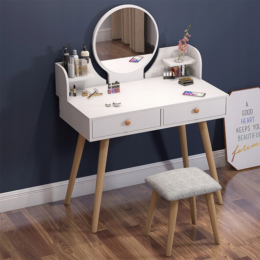 Coiffeuse blanche avec miroir et tiroirs – style scandinave et rangement pratique.